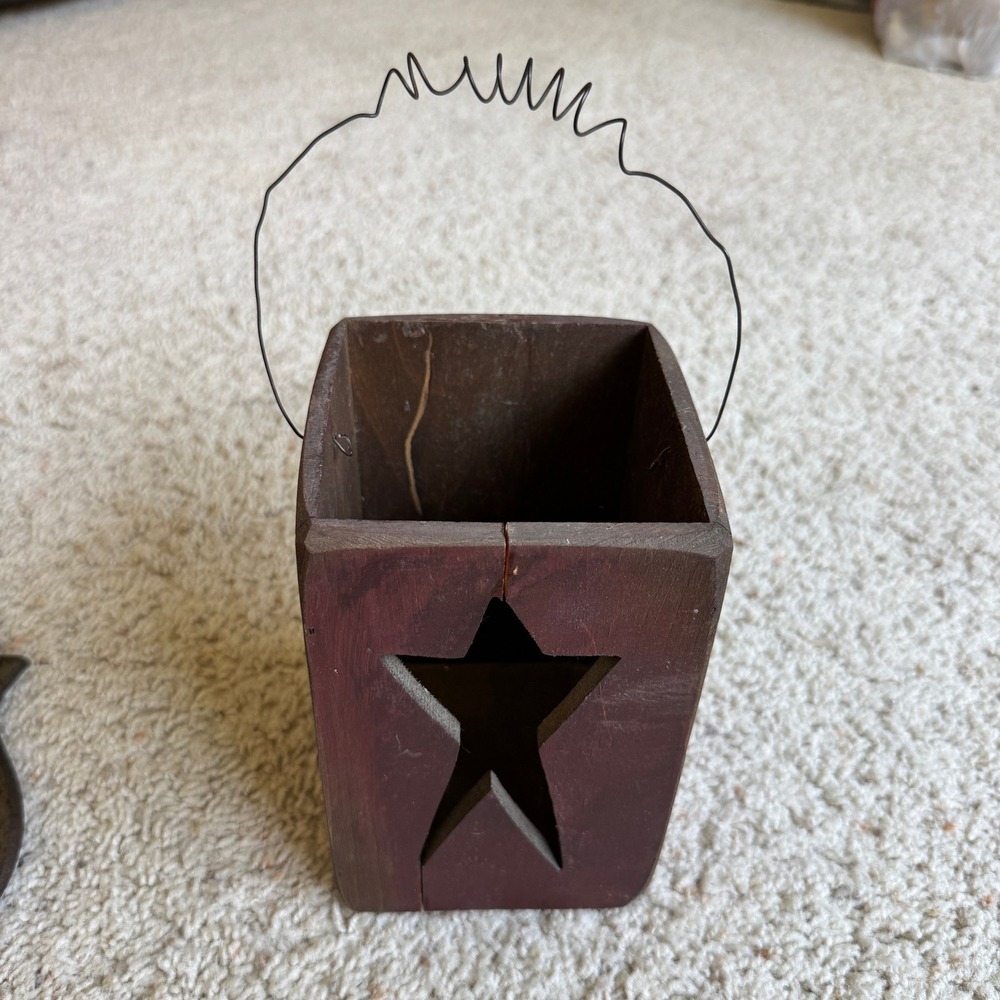 Primitives by Kathy Burgundy Wood Star Cutout Bucket Lantern Rustic Farmhouse